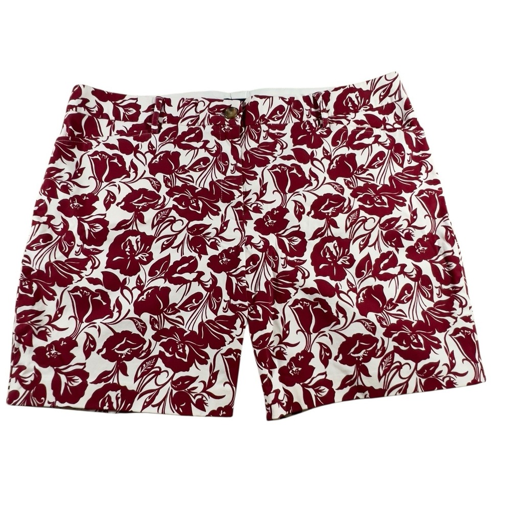 Lands' End MidRise Chino 7" Short Maroon White Floral  Size 18‎ Classic Tailored